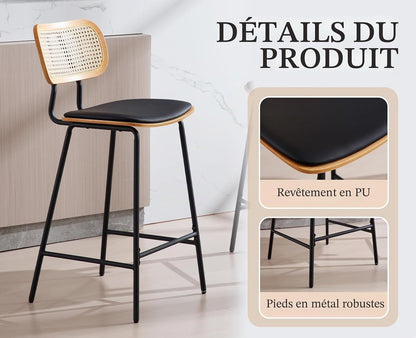 Ya-Home Rattan Bar Chair Set of 2 Wood Metal Bar Stools PU Leather Cushion High Bar Metal Foot for Counter Top Black