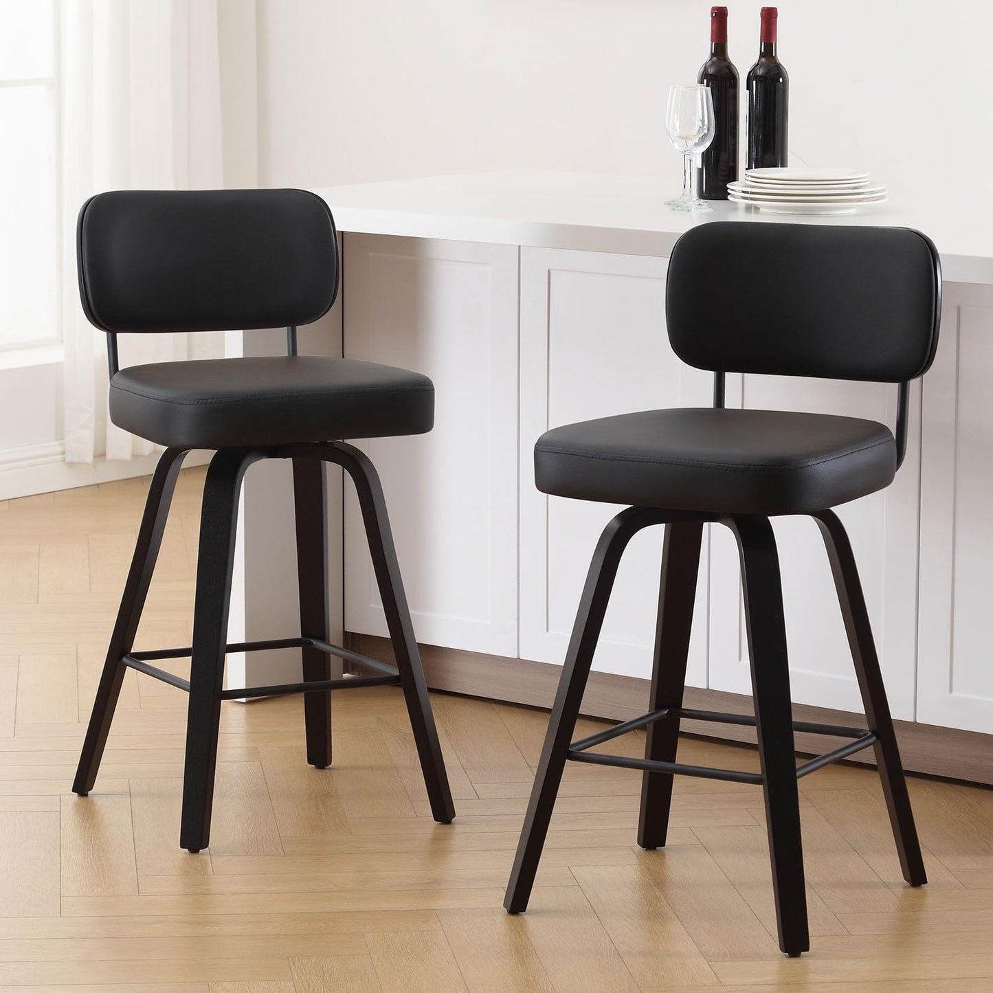 Bekrvio Set of 2 bar stools 360° swivel seat height 65 cm with rattan backrest, extra thick padding (7 cm), solid wood legs, stable up to 150 kg, ideal for island