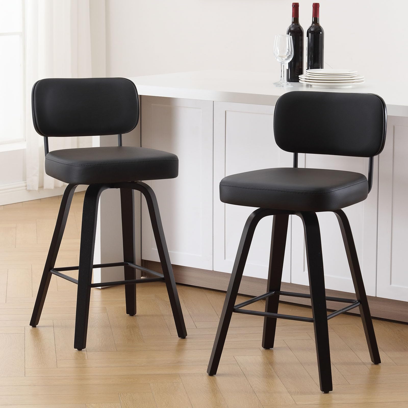 Bekrvio Set of 2 bar stools 360° swivel seat height 65 cm with rattan backrest, extra thick padding (7 cm), solid wood legs, stable up to 150 kg, ideal for island