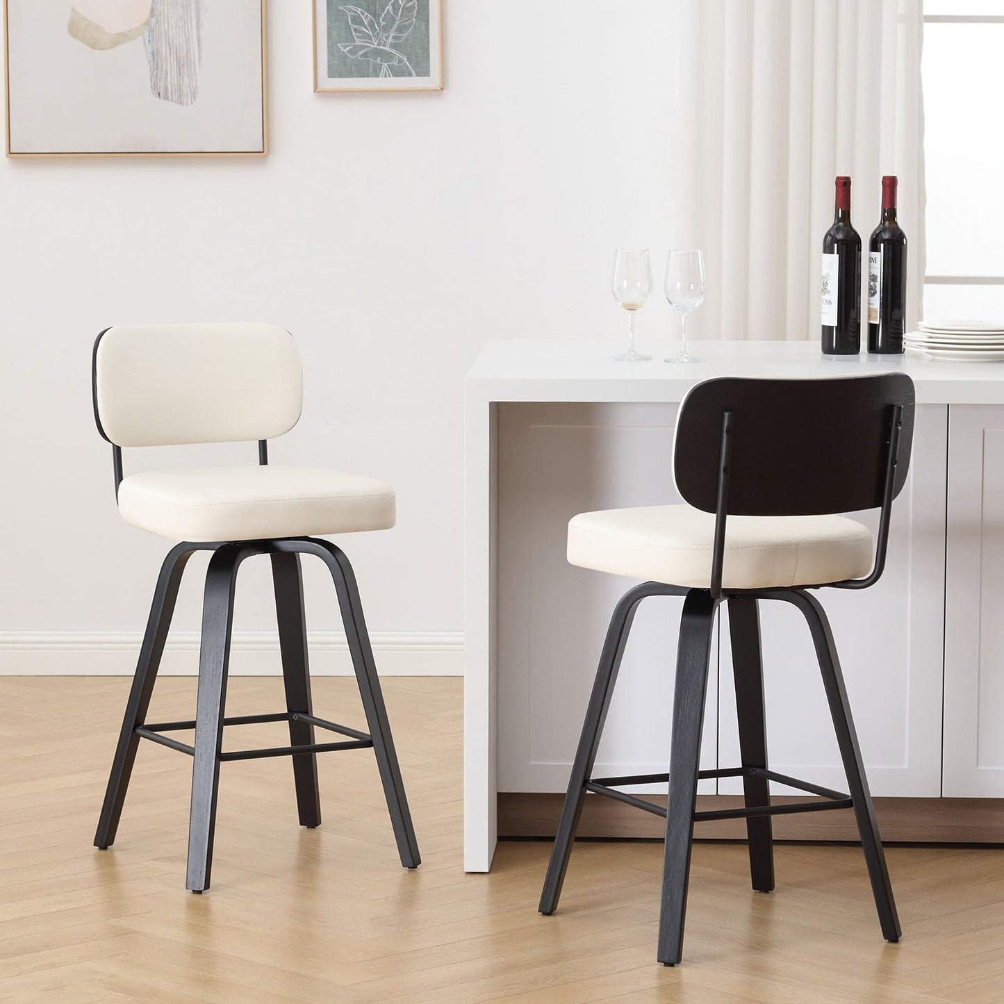 Bekrvio Set of 2 bar stools 360° swivel seat height 65 cm with rattan backrest, extra thick padding (7 cm), solid wood legs, stable up to 150 kg, ideal for island