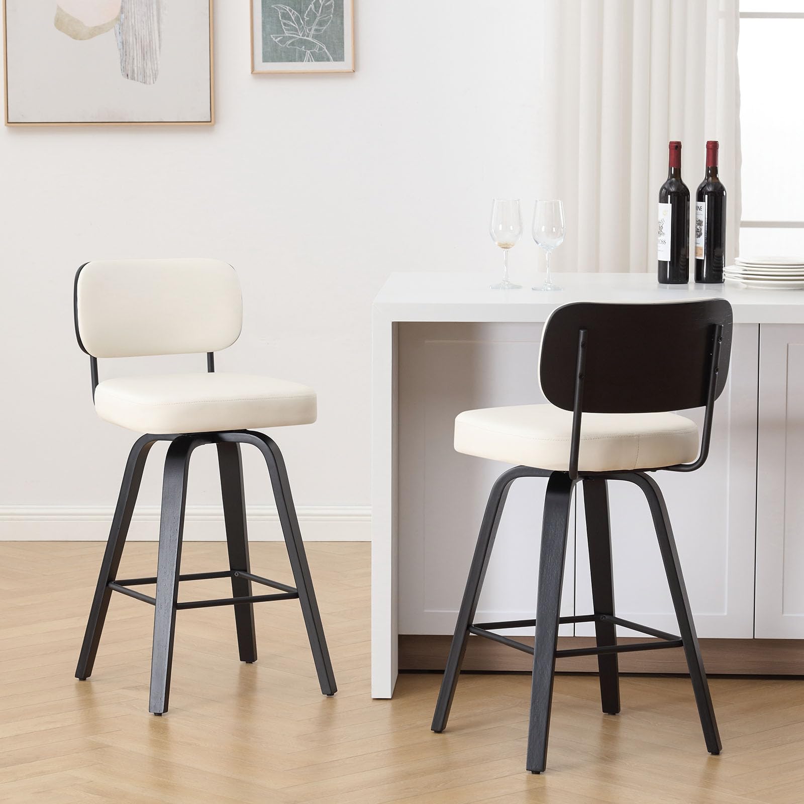 Bekrvio Set of 2 bar stools 360° swivel seat height 65 cm with rattan backrest, extra thick padding (7 cm), solid wood legs, stable up to 150 kg, ideal for island