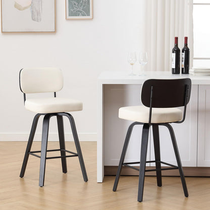 Bekrvio Set of 2 bar stools 360° swivel seat height 65 cm with rattan backrest, extra thick padding (7 cm), solid wood legs, stable up to 150 kg, ideal for island