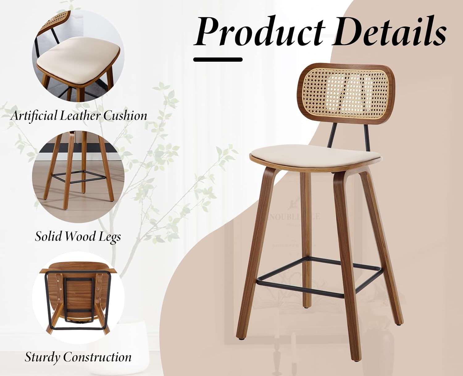Ya-Home Set of 2 Modern Wooden Rattan Bar Stool Vintage Bar Chair Cushion PU Leather Comfortable Kitchen Stool Beige