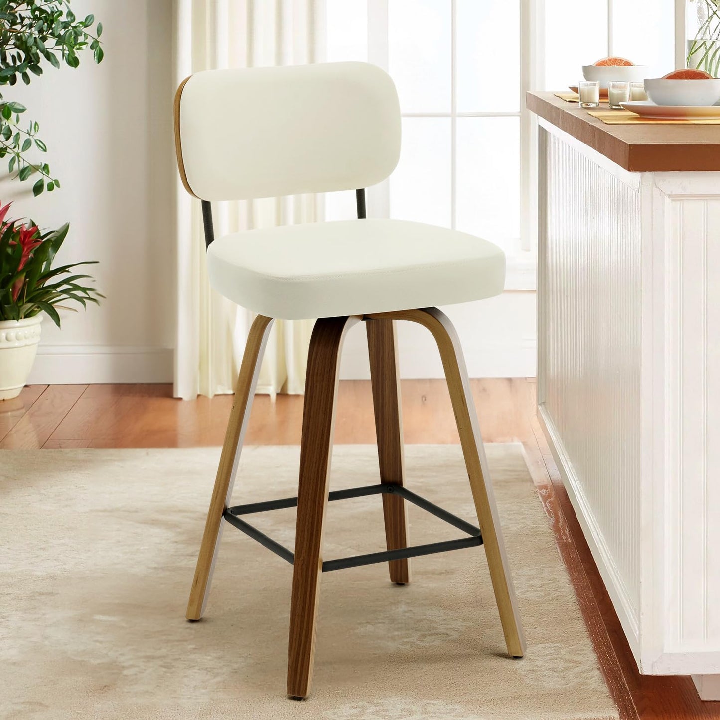 Bekrvio Set of 2 bar stools 360° swivel seat height 65 cm with rattan backrest, extra thick padding (7 cm), solid wood legs, stable up to 150 kg, ideal for island