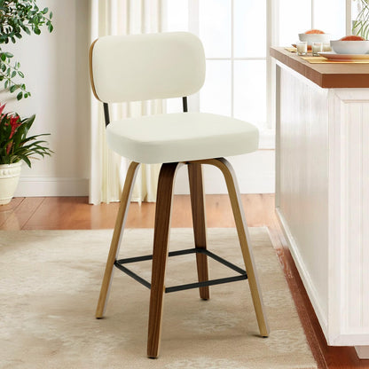 Bekrvio Set of 2 bar stools 360° swivel seat height 65 cm with rattan backrest, extra thick padding (7 cm), solid wood legs, stable up to 150 kg, ideal for island