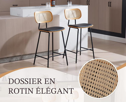 Ya-Home Rattan Bar Chair Set of 2 Wood Metal Bar Stools PU Leather Cushion High Bar Metal Foot for Counter Top Black