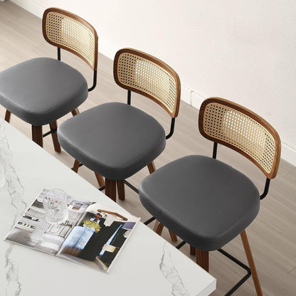 Bekrvio Set of 2 bar stools 360° swivel seat height 65 cm with rattan backrest, extra thick padding (7 cm), solid wood legs, stable up to 150 kg, ideal for island