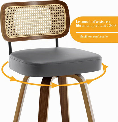 Bekrvio Set of 2 bar stools 360° swivel seat height 65 cm with rattan backrest, extra thick padding (7 cm), solid wood legs, stable up to 150 kg, ideal for island