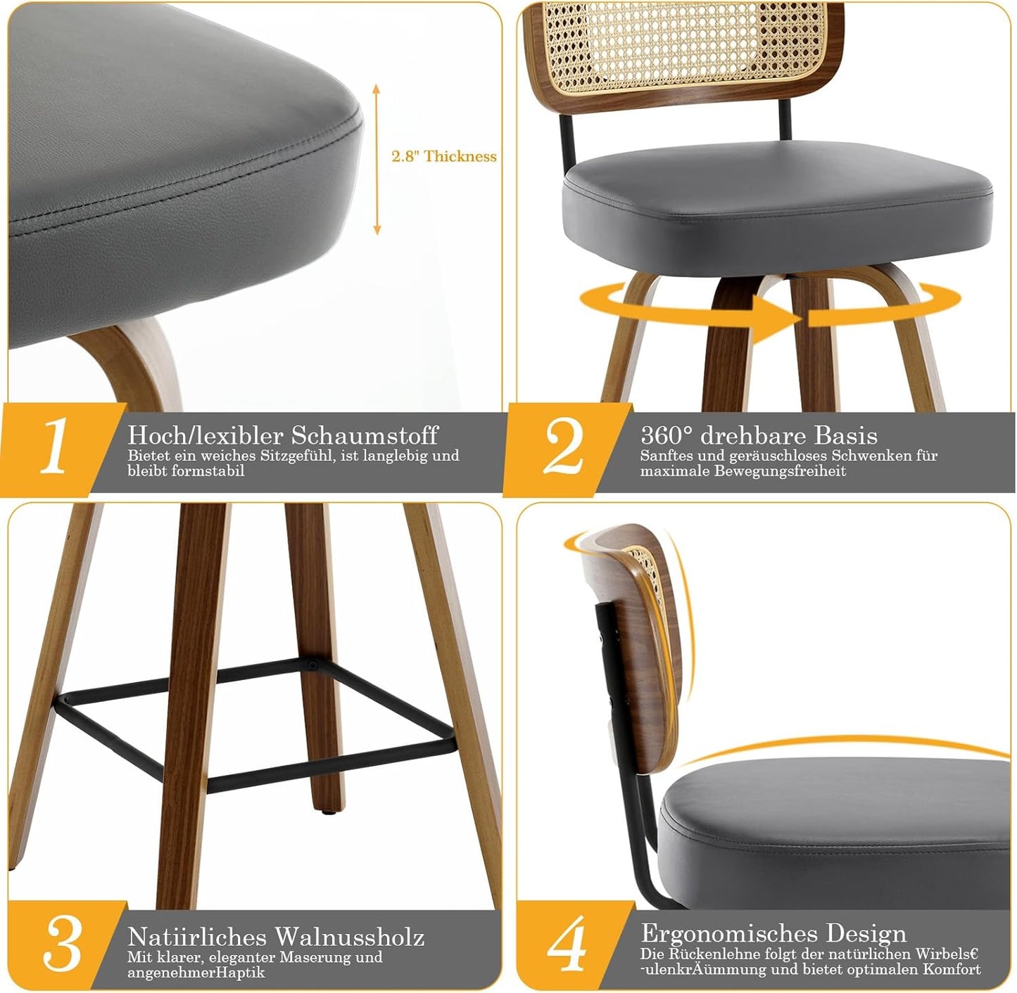 Bekrvio Set of 2 bar stools 360° swivel seat height 65 cm with rattan backrest, extra thick padding (7 cm), solid wood legs, stable up to 150 kg, ideal for island
