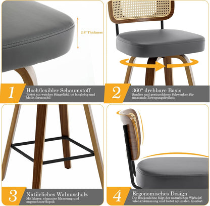 Bekrvio Set of 2 bar stools 360° swivel seat height 65 cm with rattan backrest, extra thick padding (7 cm), solid wood legs, stable up to 150 kg, ideal for island