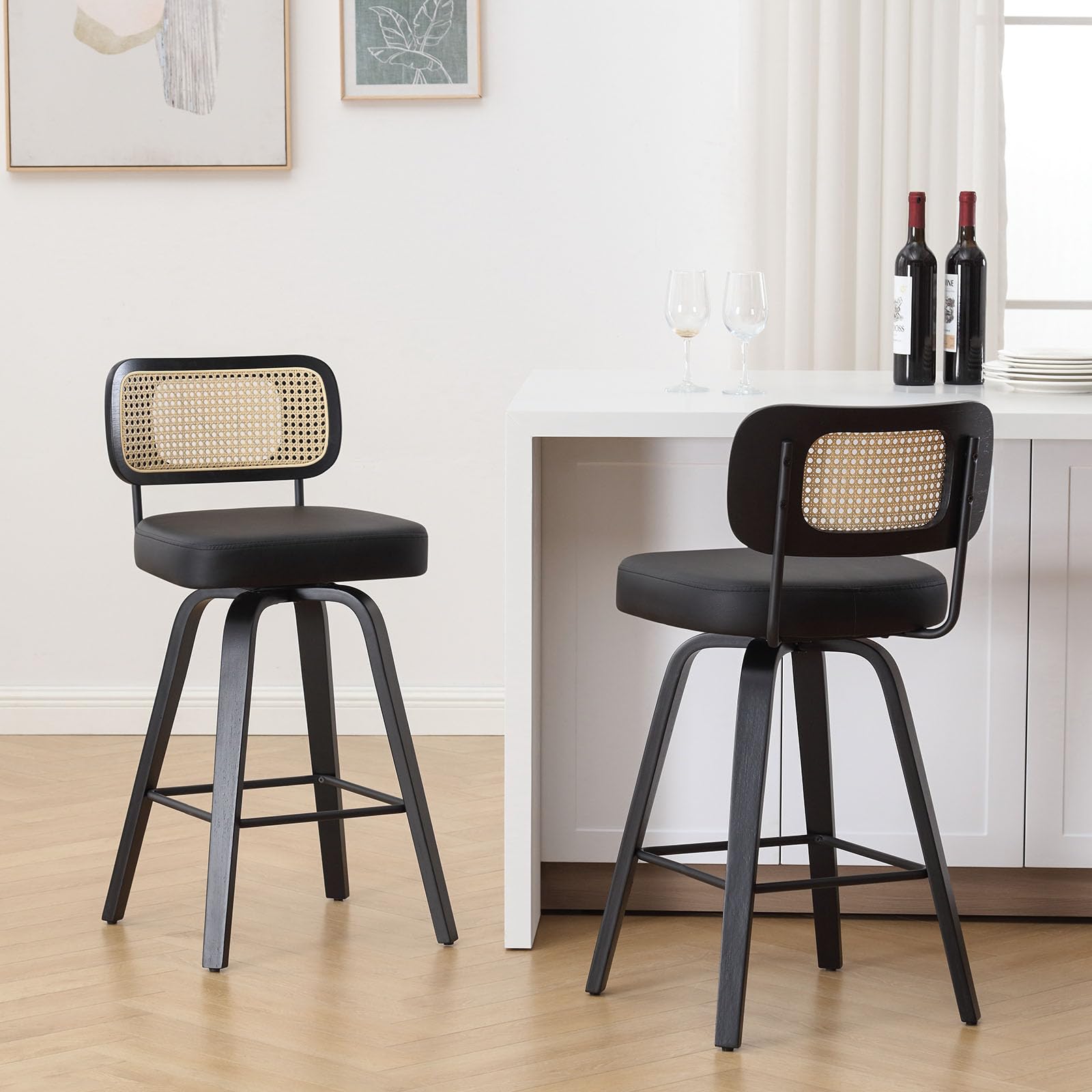 Bekrvio Set of 2 bar stools 360° swivel seat height 65 cm with rattan backrest, extra thick padding (7 cm), solid wood legs, stable up to 150 kg, ideal for island