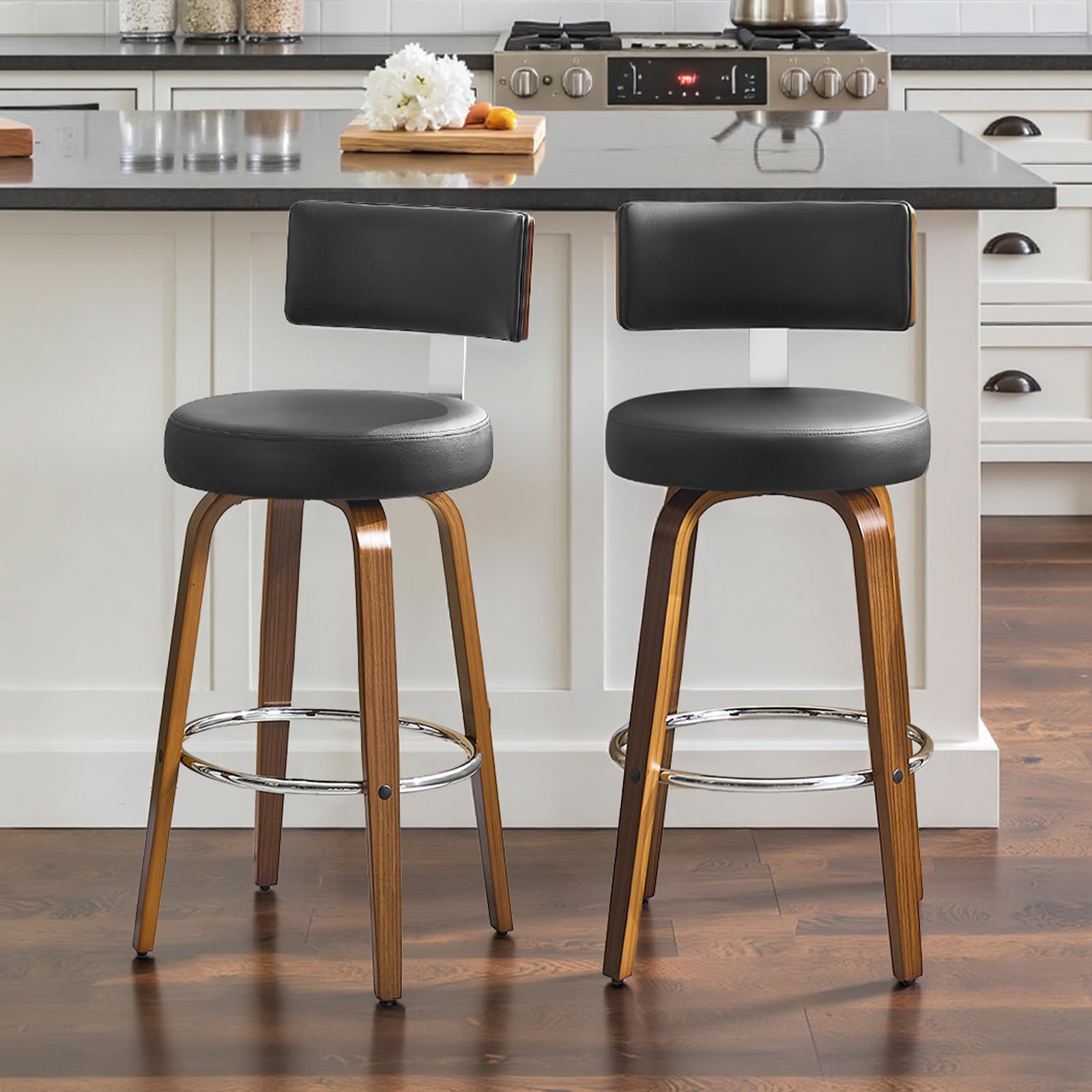 Bekrvio Set of 2 bar stools 360° swivel seat height 65 cm with rattan backrest, extra thick padding (7 cm), solid wood legs, stable up to 150 kg, ideal for island
