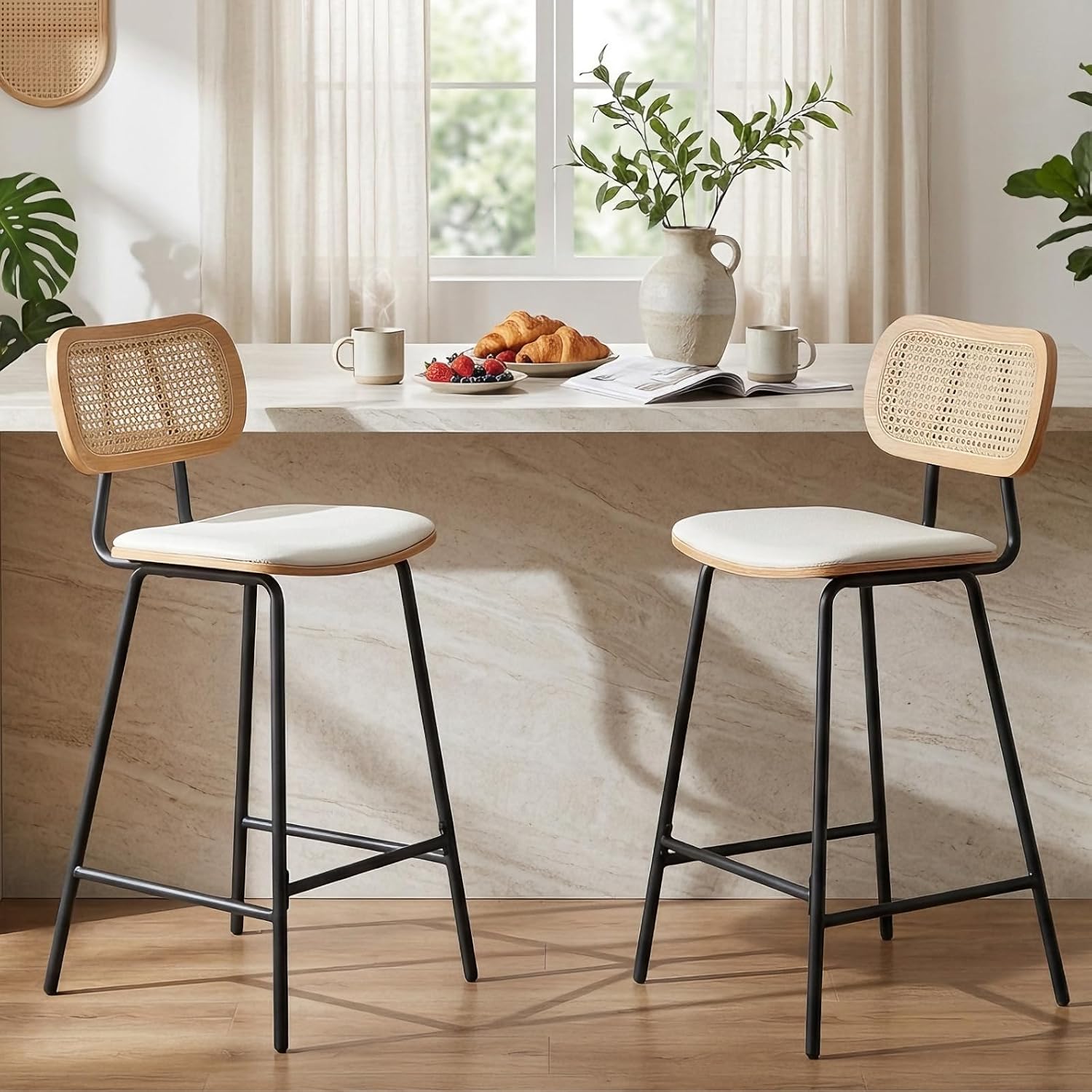 Ya-Home Rattan Bar Chair Set of 2 Wood Metal Bar Stools PU Leather Cushion High Bar Metal Foot for Counter Top White