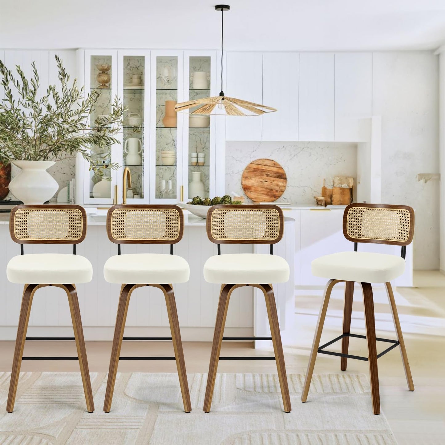 Bekrvio Set of 2 bar stools 360° swivel seat height 65 cm with rattan backrest, extra thick padding (7 cm), solid wood legs, stable up to 150 kg, ideal for island