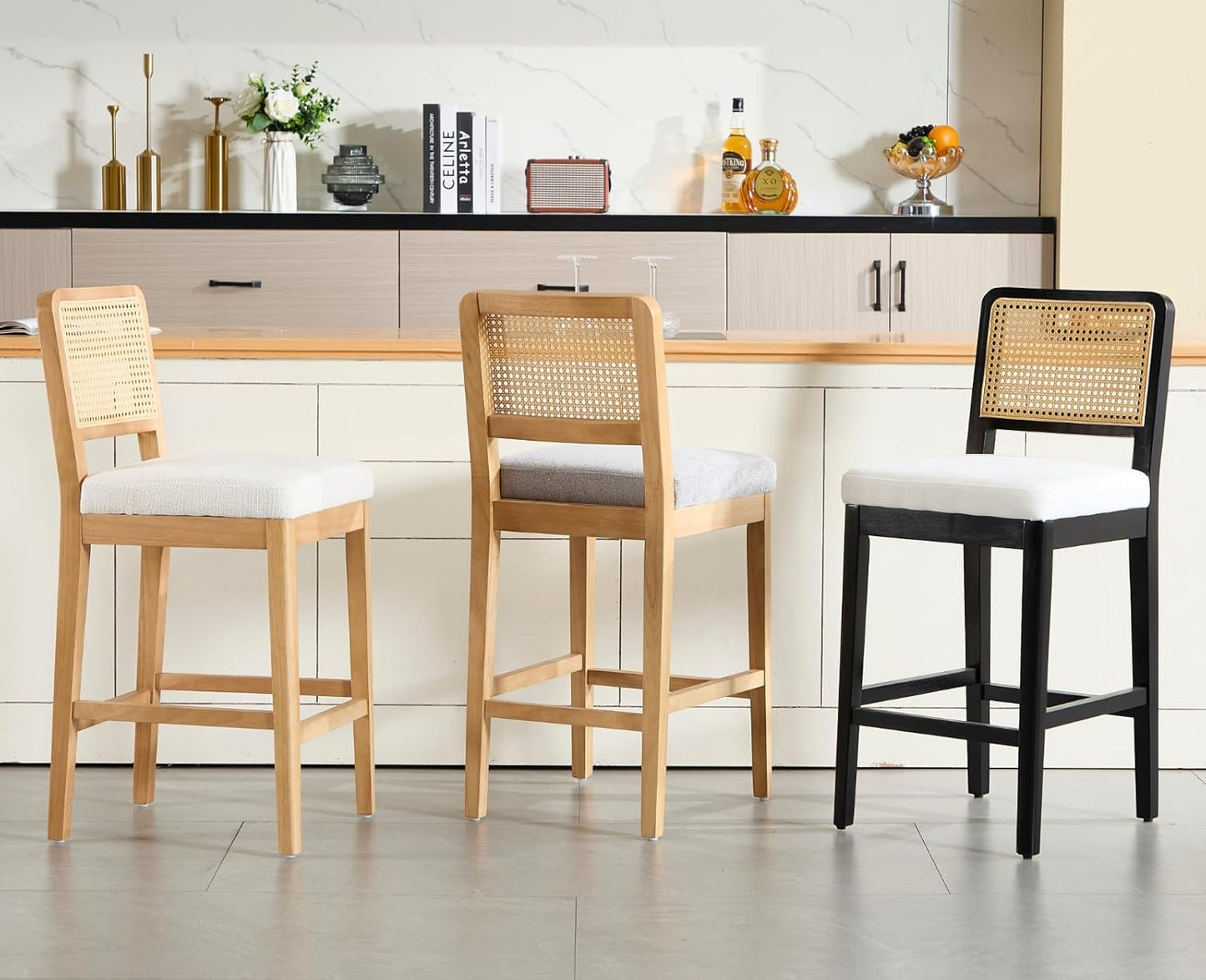 chairus 2 Pack Bar Stools with Rattan Backrest Chenille Counter Stools No Armrest Bar High Chair with Solid Wood Footrest for Kitchen, Central Island, White-2