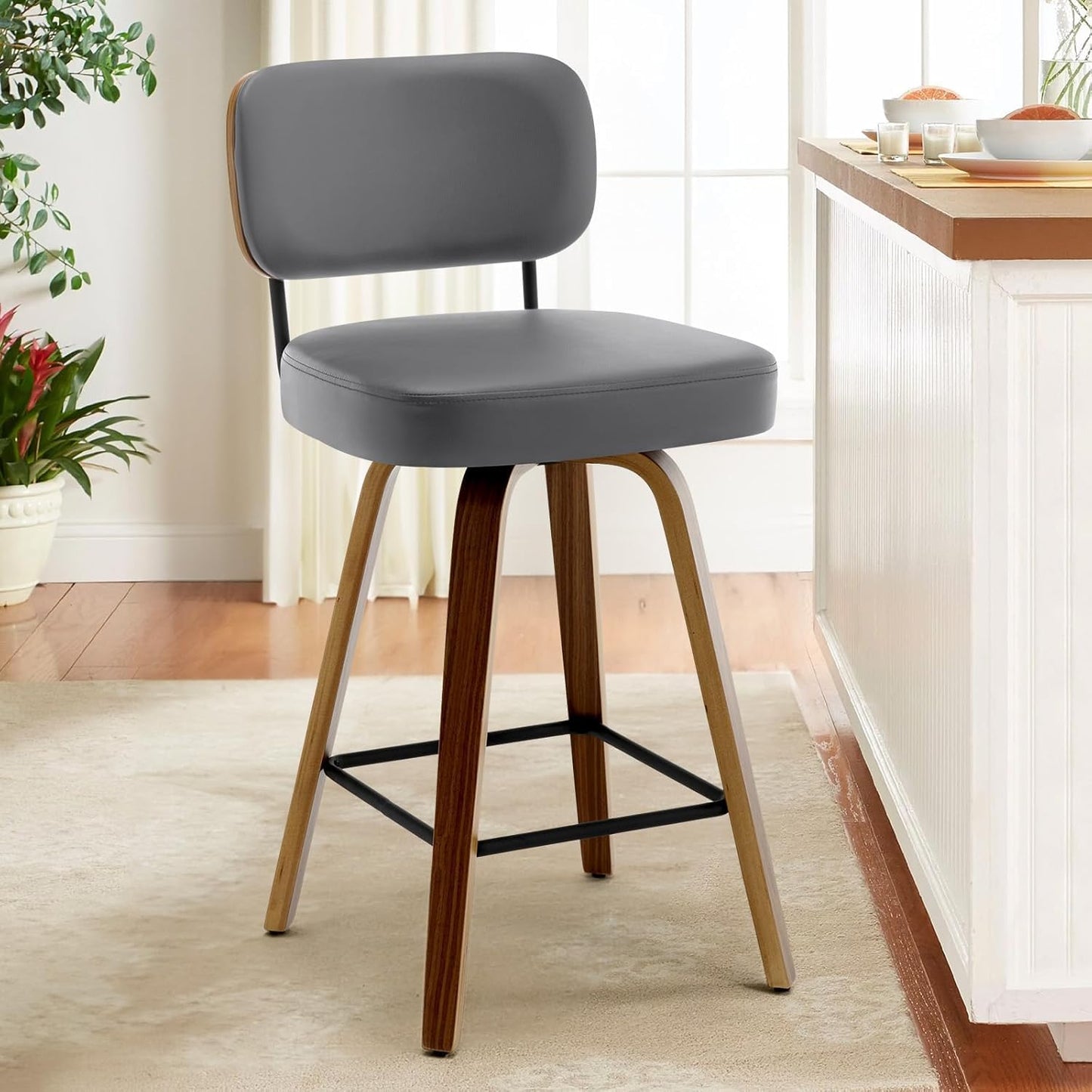 Bekrvio Set of 2 bar stools 360° swivel seat height 65 cm with rattan backrest, extra thick padding (7 cm), solid wood legs, stable up to 150 kg, ideal for island