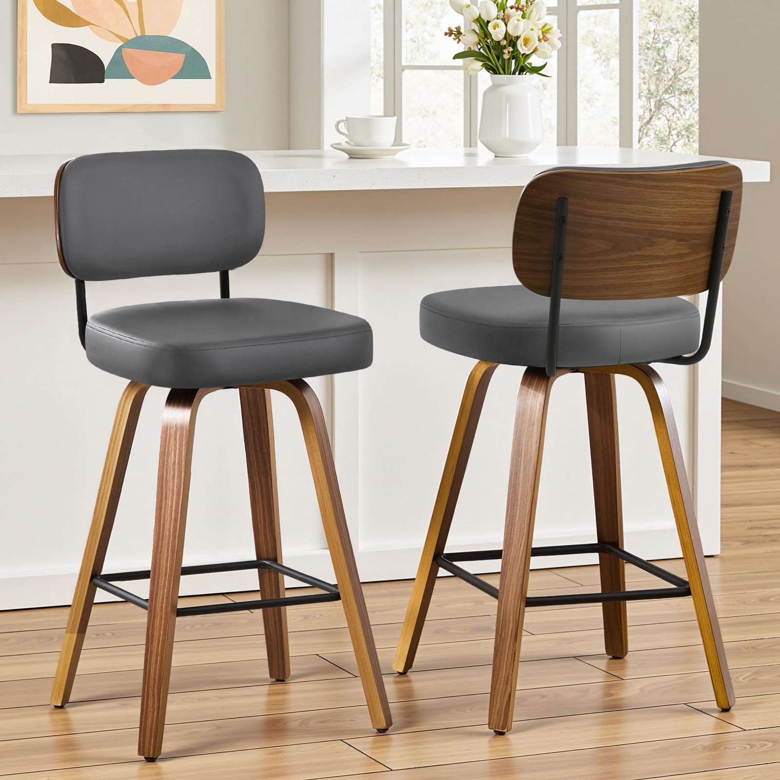 Bekrvio Set of 2 bar stools 360° swivel seat height 65 cm with rattan backrest, extra thick padding (7 cm), solid wood legs, stable up to 150 kg, ideal for island