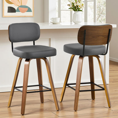 Bekrvio Set of 2 bar stools 360° swivel seat height 65 cm with rattan backrest, extra thick padding (7 cm), solid wood legs, stable up to 150 kg, ideal for island