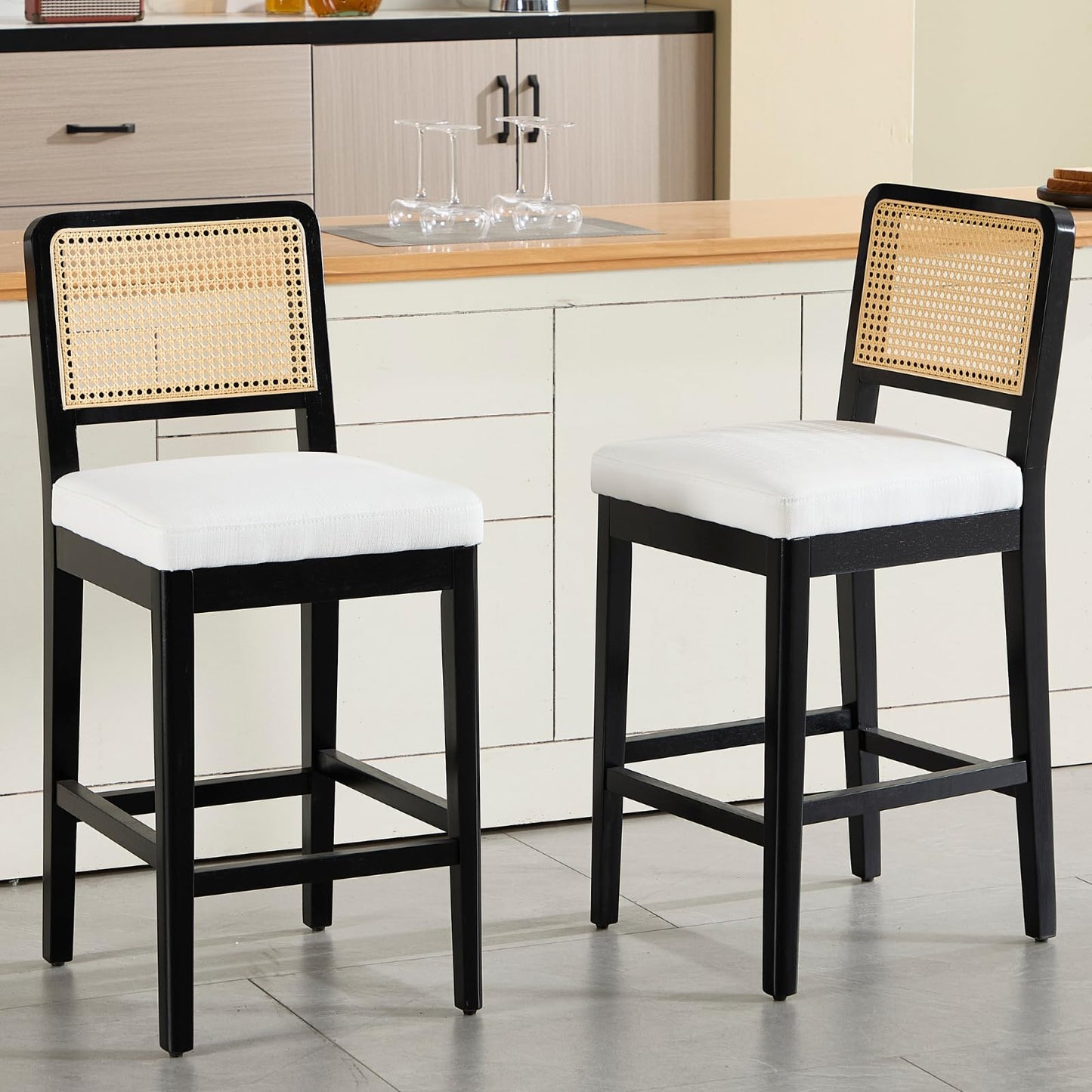 chairus 2 Pack Bar Stools with Rattan Backrest Chenille Counter Stools No Armrest Bar High Chair with Solid Wood Footrest for Kitchen, Central Island, White-2