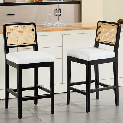 chairus 2 Pack Bar Stools with Rattan Backrest Chenille Counter Stools No Armrest Bar High Chair with Solid Wood Footrest for Kitchen, Central Island, White-2