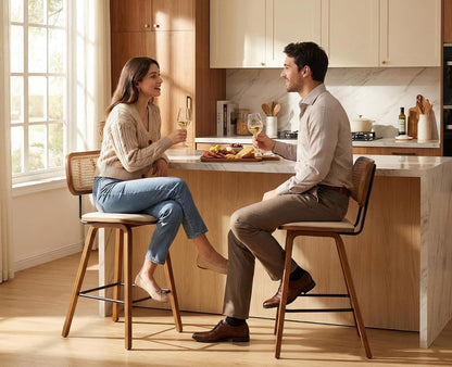 Ya-Home Set of 2 Modern Wooden Rattan Bar Stool Vintage Bar Chair Cushion PU Leather Comfortable Kitchen Stool Beige