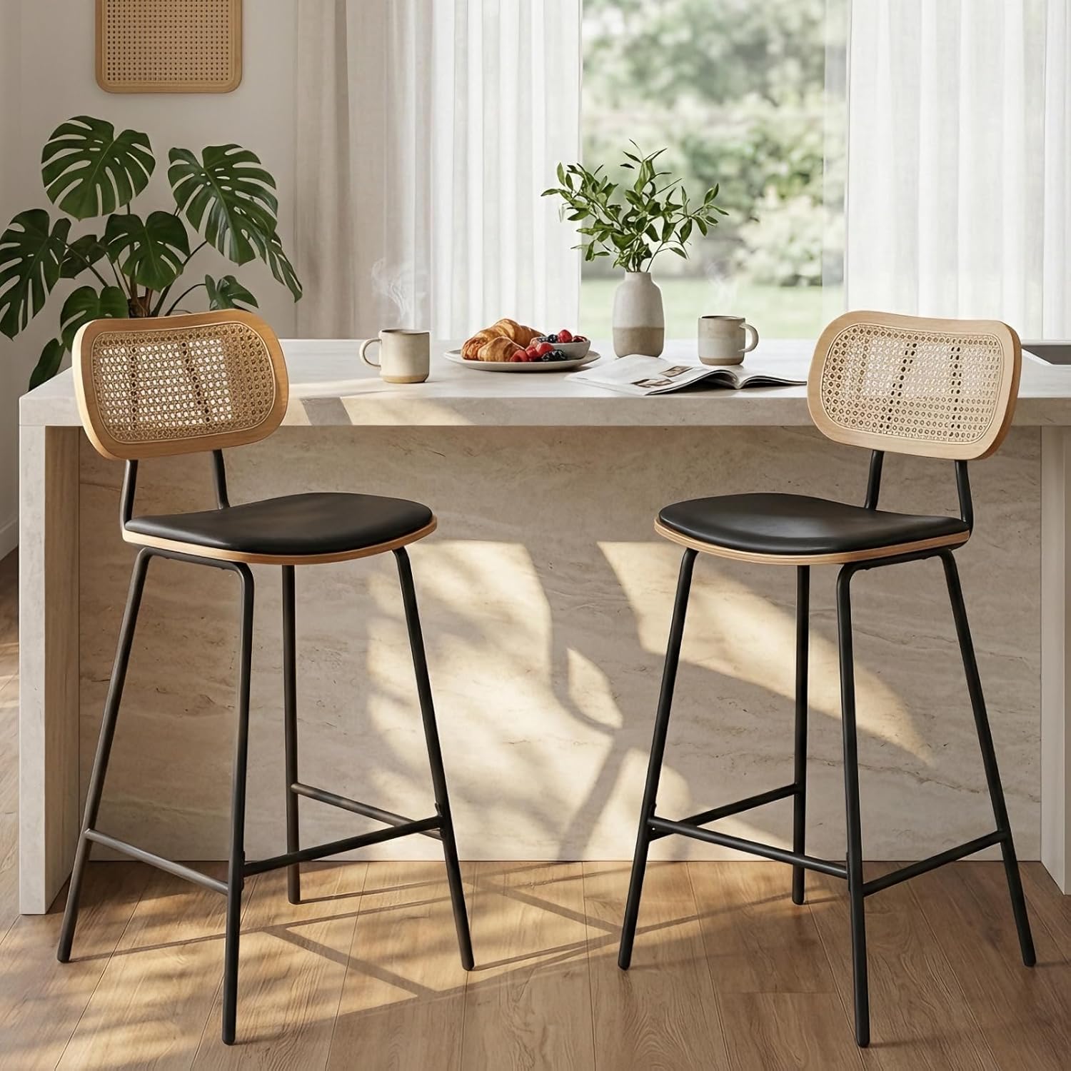 Ya-Home Rattan Bar Chair Set of 2 Wood Metal Bar Stools PU Leather Cushion High Bar Metal Foot for Counter Top Black