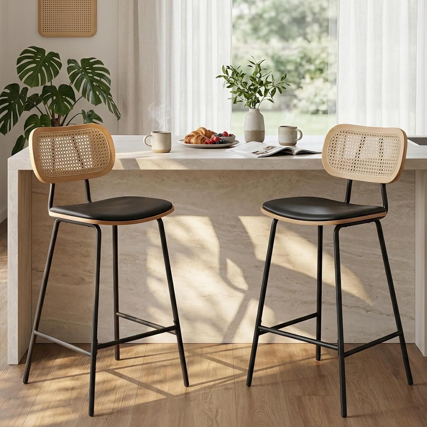 Ya-Home Rattan Bar Chair Set of 2 Wood Metal Bar Stools PU Leather Cushion High Bar Metal Foot for Counter Top Black