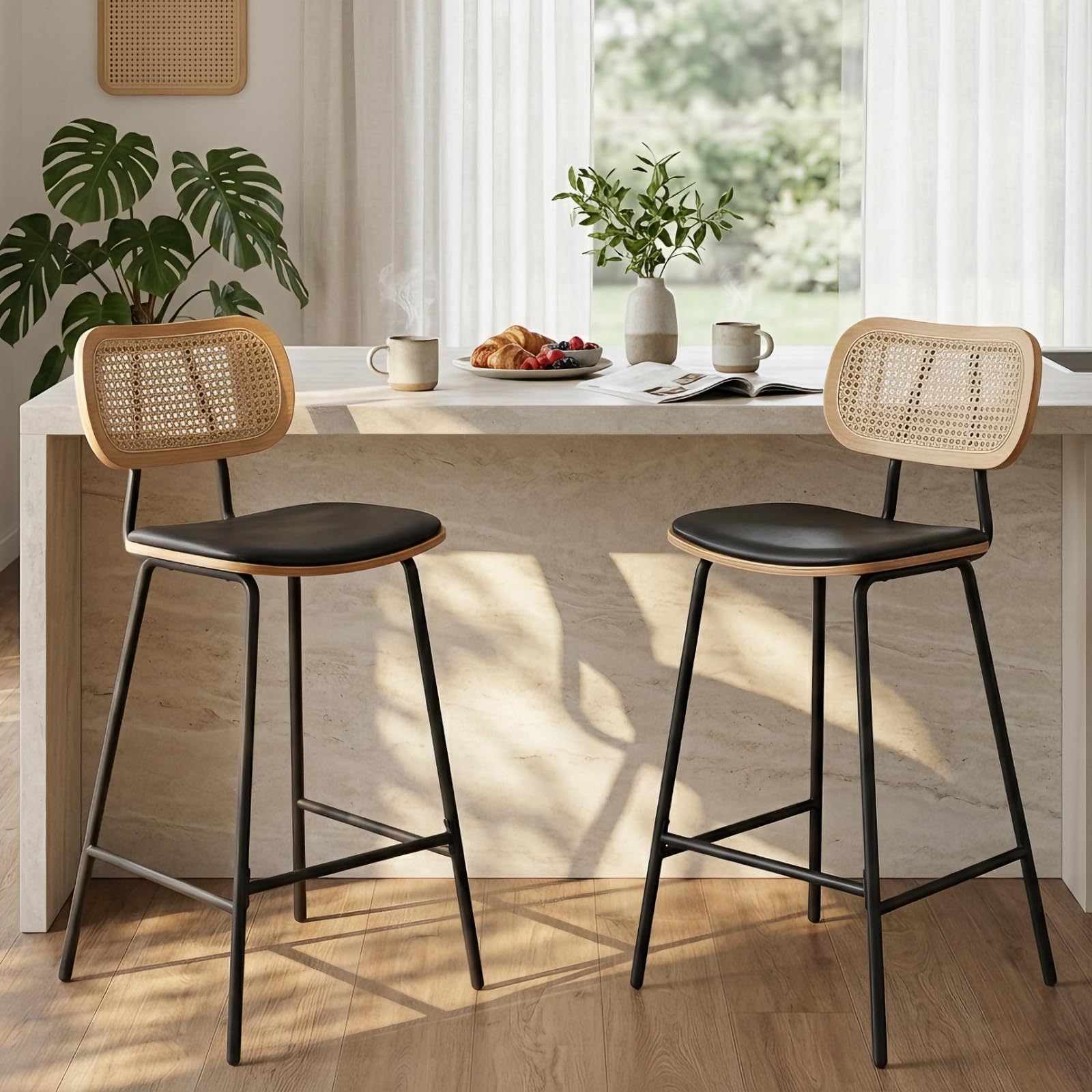 Ya-Home Set of 2 Modern Wooden Rattan Bar Stool Vintage Bar Chair Cushion PU Leather Comfortable Kitchen Stool Beige
