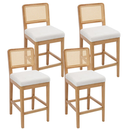 chairus 2 Pack Bar Stools with Rattan Backrest Chenille Counter Stools No Armrest Bar High Chair with Solid Wood Footrest for Kitchen, Central Island, White-2