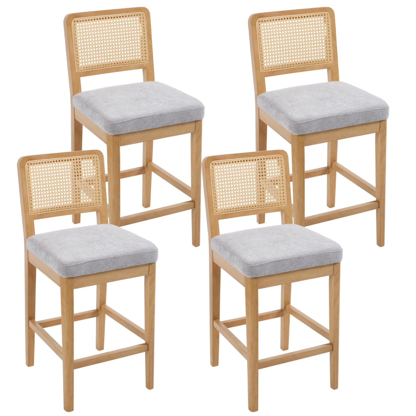 chairus 2 Pack Bar Stools with Rattan Backrest Chenille Counter Stools No Armrest Bar High Chair with Solid Wood Footrest for Kitchen, Central Island, White-2