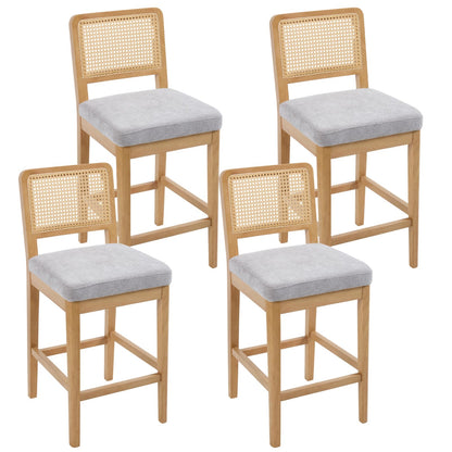 chairus 2 Pack Bar Stools with Rattan Backrest Chenille Counter Stools No Armrest Bar High Chair with Solid Wood Footrest for Kitchen, Central Island, White-2