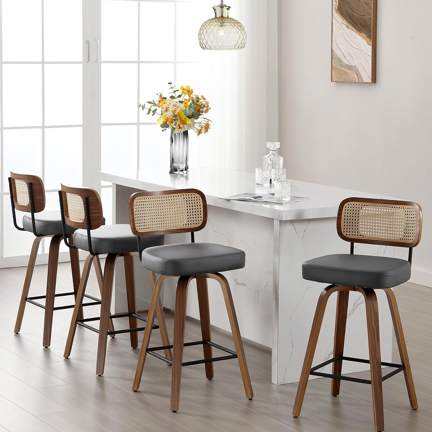Bekrvio Set of 2 bar stools 360° swivel seat height 65 cm with rattan backrest, extra thick padding (7 cm), solid wood legs, stable up to 150 kg, ideal for island