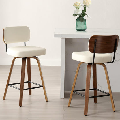 Bekrvio Set of 2 bar stools 360° swivel seat height 65 cm with rattan backrest, extra thick padding (7 cm), solid wood legs, stable up to 150 kg, ideal for island