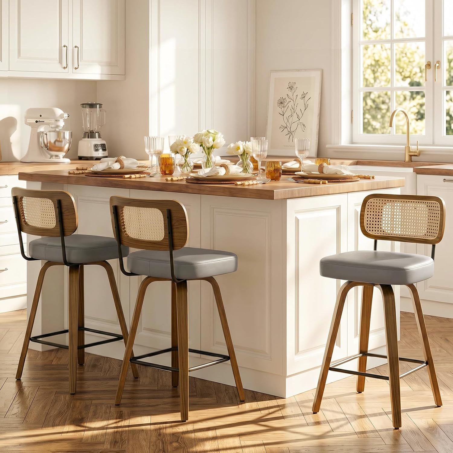 Bekrvio Set of 2 bar stools 360° swivel seat height 65 cm with rattan backrest, extra thick padding (7 cm), solid wood legs, stable up to 150 kg, ideal for island
