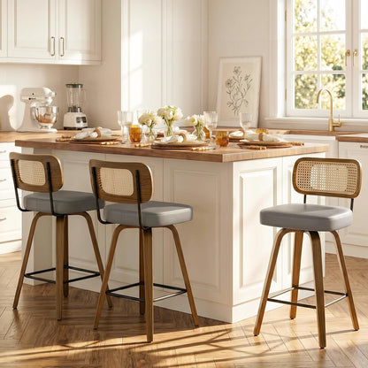Bekrvio Set of 2 bar stools 360° swivel seat height 65 cm with rattan backrest, extra thick padding (7 cm), solid wood legs, stable up to 150 kg, ideal for island
