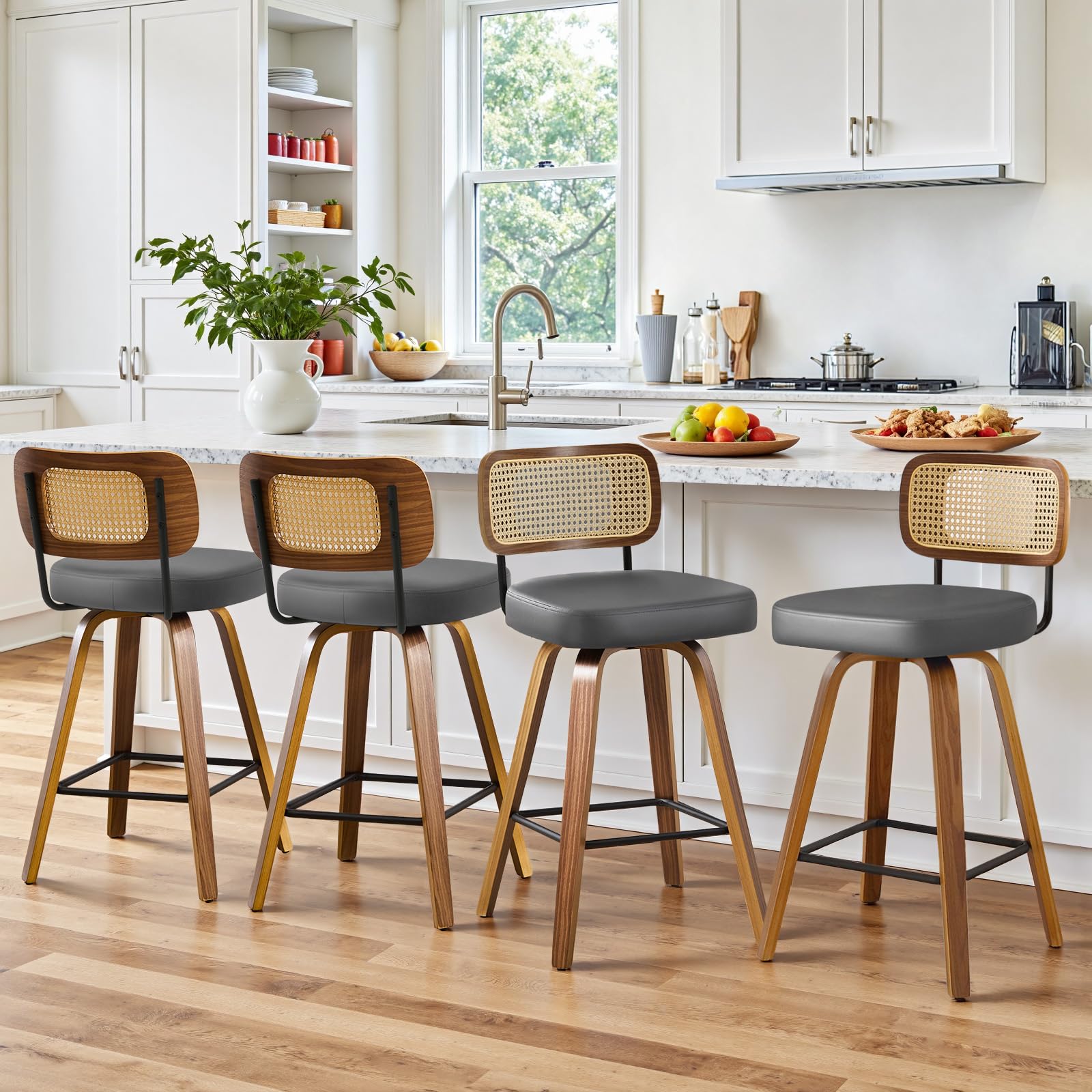 Bekrvio Set of 2 bar stools 360° swivel seat height 65 cm with rattan backrest, extra thick padding (7 cm), solid wood legs, stable up to 150 kg, ideal for island