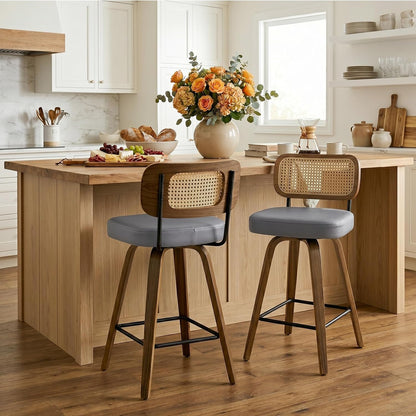 Bekrvio Set of 2 bar stools 360° swivel seat height 65 cm with rattan backrest, extra thick padding (7 cm), solid wood legs, stable up to 150 kg, ideal for island