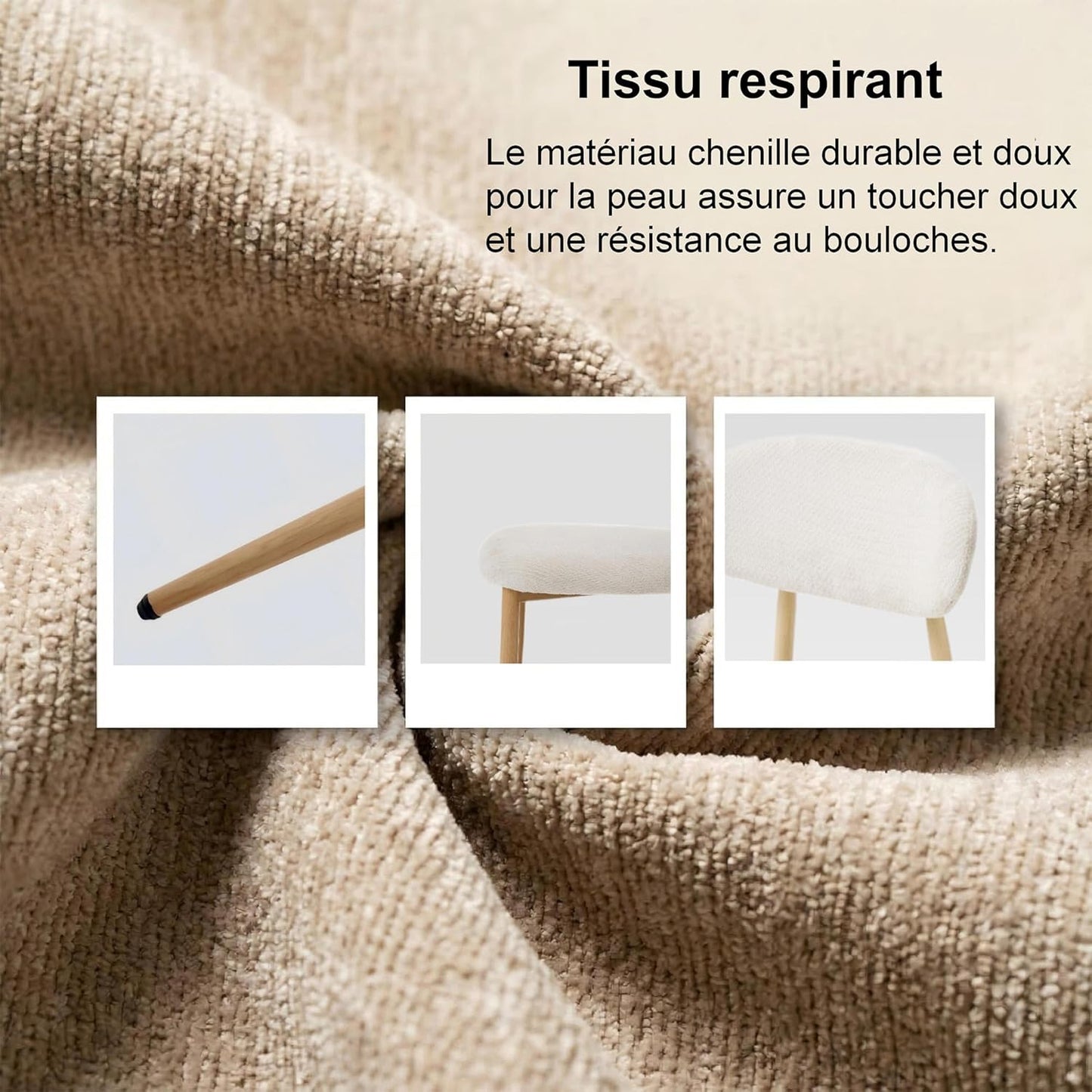 Chaise Salle a Manger Lot de 2, Chaise Ergonomique tapissée en Chenille avec poignées en Chenille et Jambes en métal courbées avec Grain Bois pour Salon en Beige