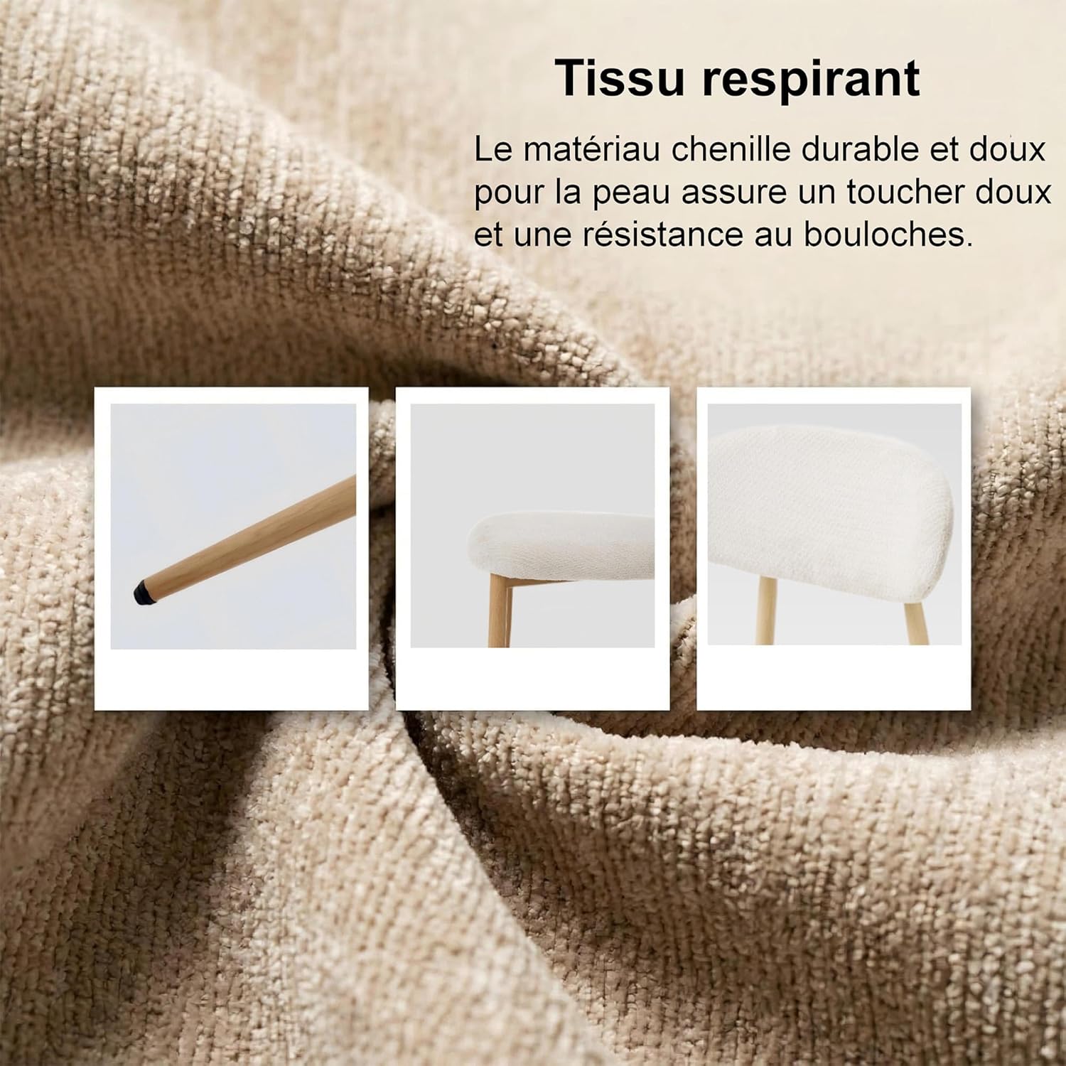 Chaise Salle a Manger Lot de 2, Chaise Ergonomique tapissée en Chenille avec poignées en Chenille et Jambes en métal courbées avec Grain Bois pour Salon en Beige