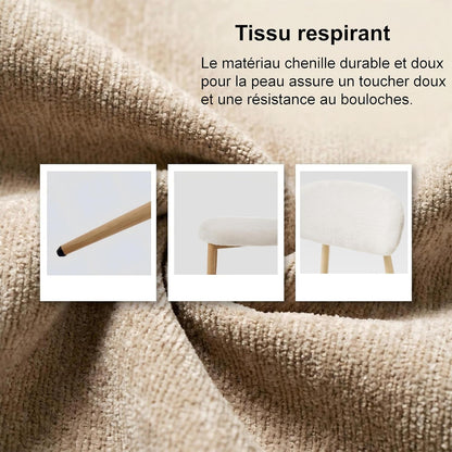 Chaise Salle a Manger Lot de 2, Chaise Ergonomique tapissée en Chenille avec poignées en Chenille et Jambes en métal courbées avec Grain Bois pour Salon en Beige