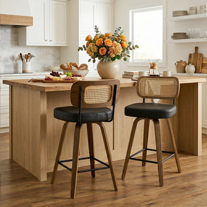 Bekrvio Set of 2 bar stools 360° swivel seat height 65 cm with rattan backrest, extra thick padding (7 cm), solid wood legs, stable up to 150 kg, ideal for island