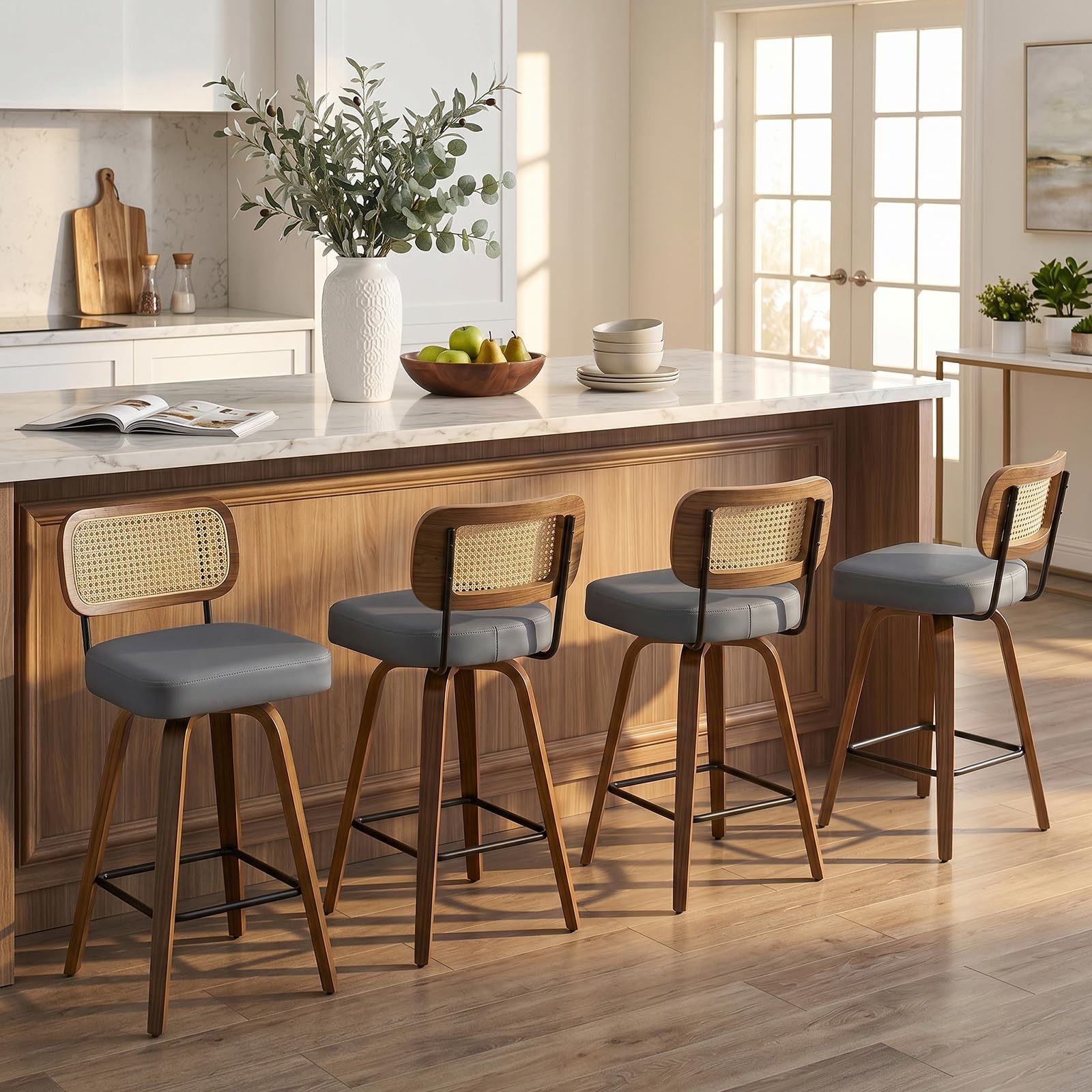 Bekrvio Set of 2 bar stools 360° swivel seat height 65 cm with rattan backrest, extra thick padding (7 cm), solid wood legs, stable up to 150 kg, ideal for island