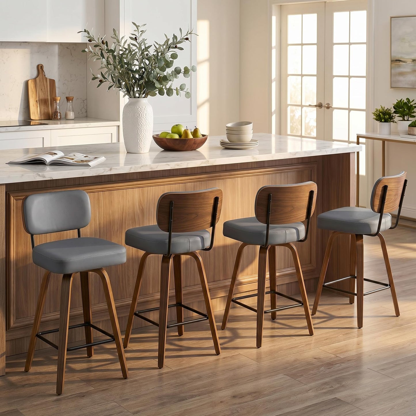 Bekrvio Set of 2 bar stools 360° swivel seat height 65 cm with rattan backrest, extra thick padding (7 cm), solid wood legs, stable up to 150 kg, ideal for island