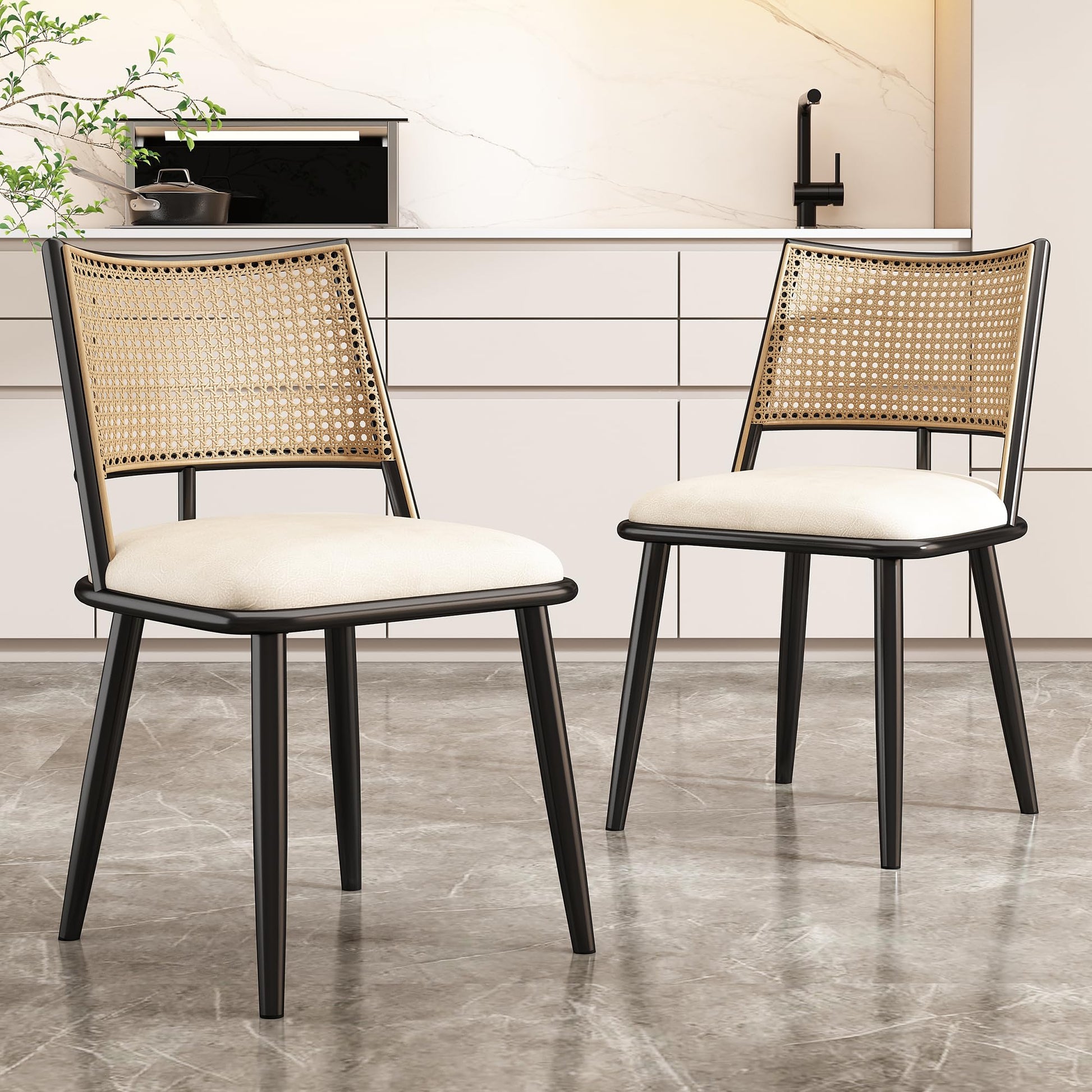 Merax Set of 4 Dining Chairs Kitchen Chairs with PU Seat and Rattan Backrest, Upholstered Chair for Dining Room, Living Room and Bedroom, Metal Frame, Beige