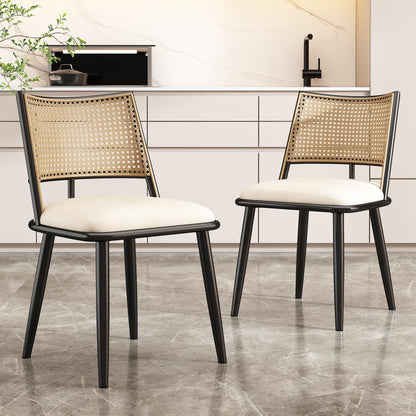 Merax Set of 4 Dining Chairs Kitchen Chairs with PU Seat and Rattan Backrest, Upholstered Chair for Dining Room, Living Room and Bedroom, Metal Frame, Beige
