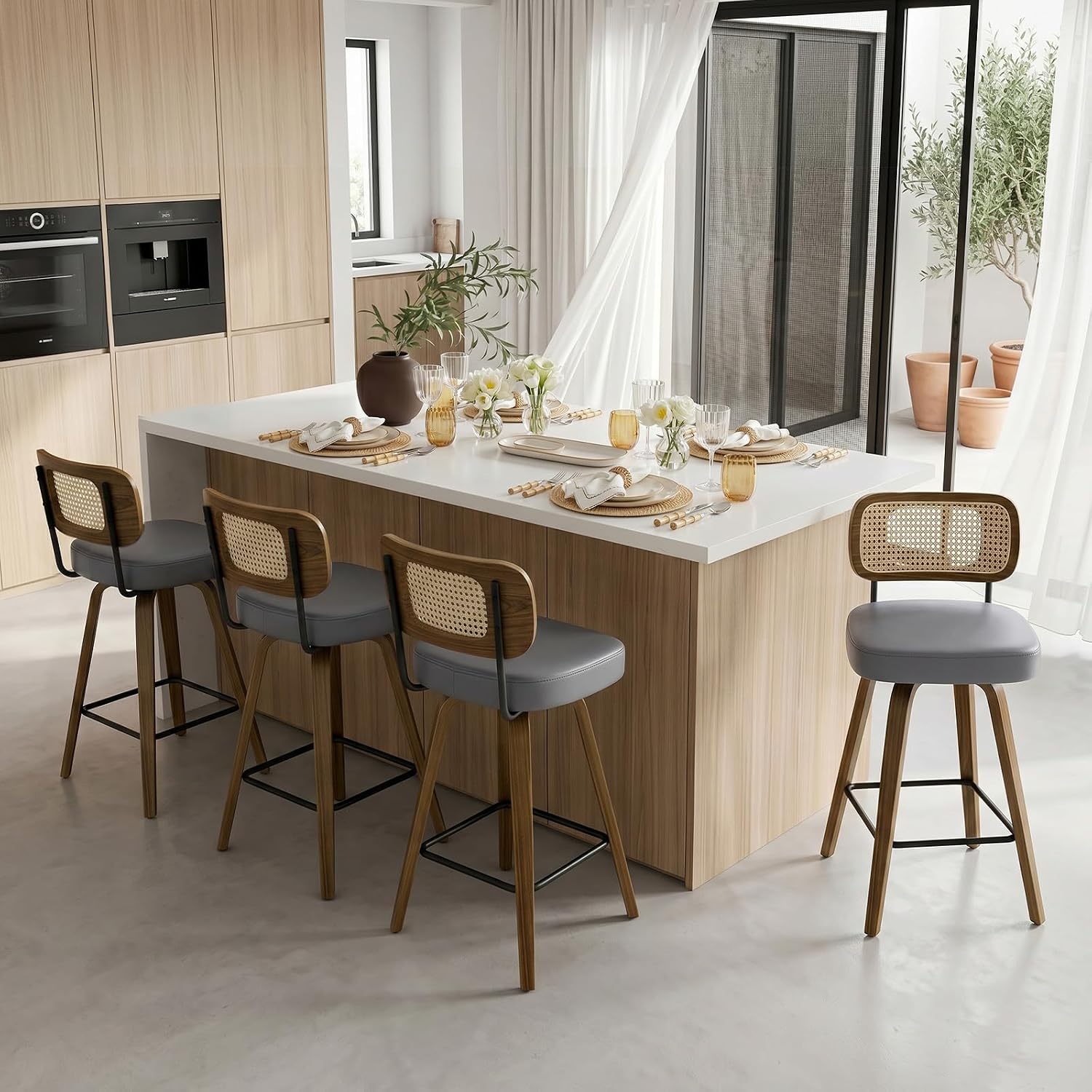 Bekrvio Set of 2 bar stools 360° swivel seat height 65 cm with rattan backrest, extra thick padding (7 cm), solid wood legs, stable up to 150 kg, ideal for island