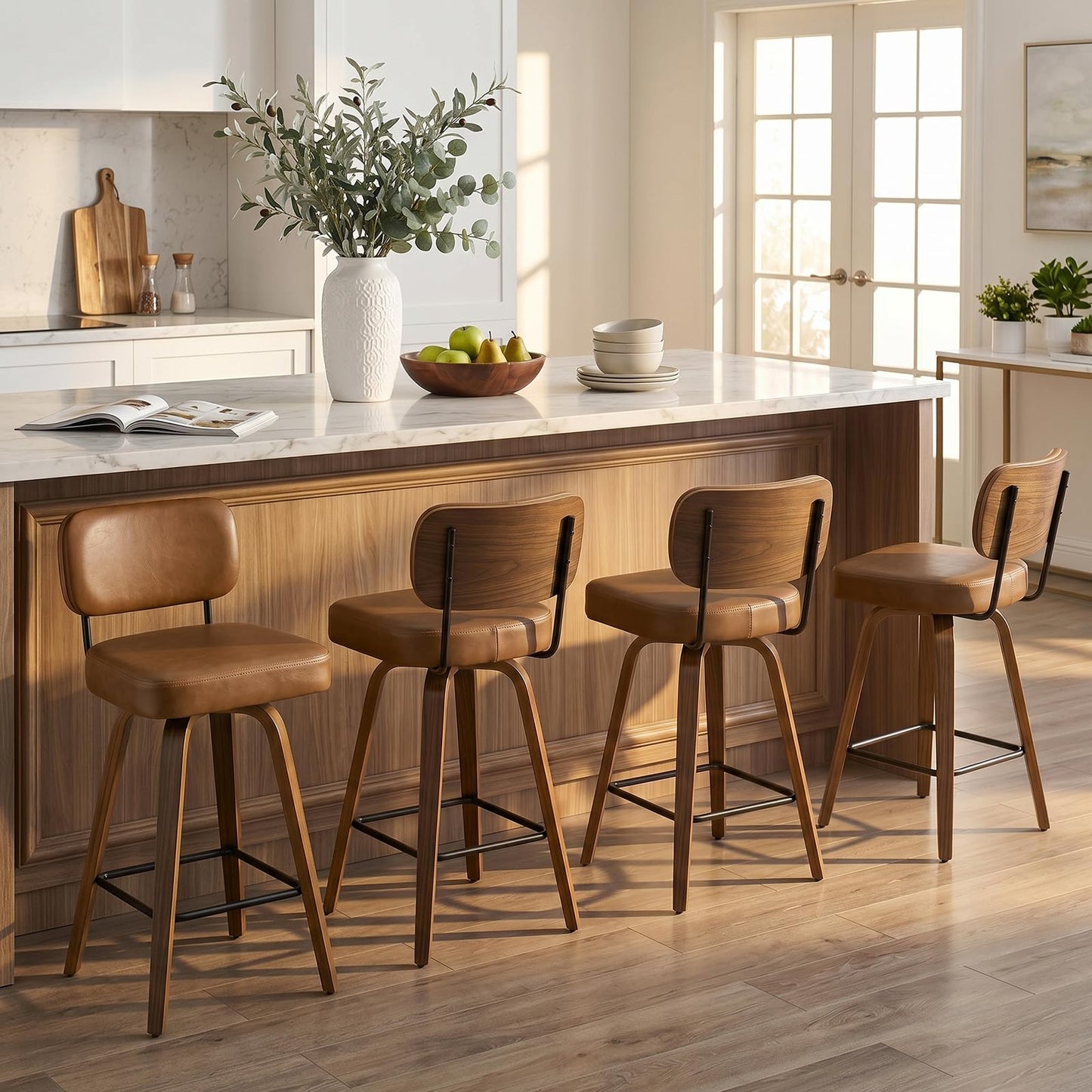 Bekrvio Set of 2 bar stools 360° swivel seat height 65 cm with rattan backrest, extra thick padding (7 cm), solid wood legs, stable up to 150 kg, ideal for island