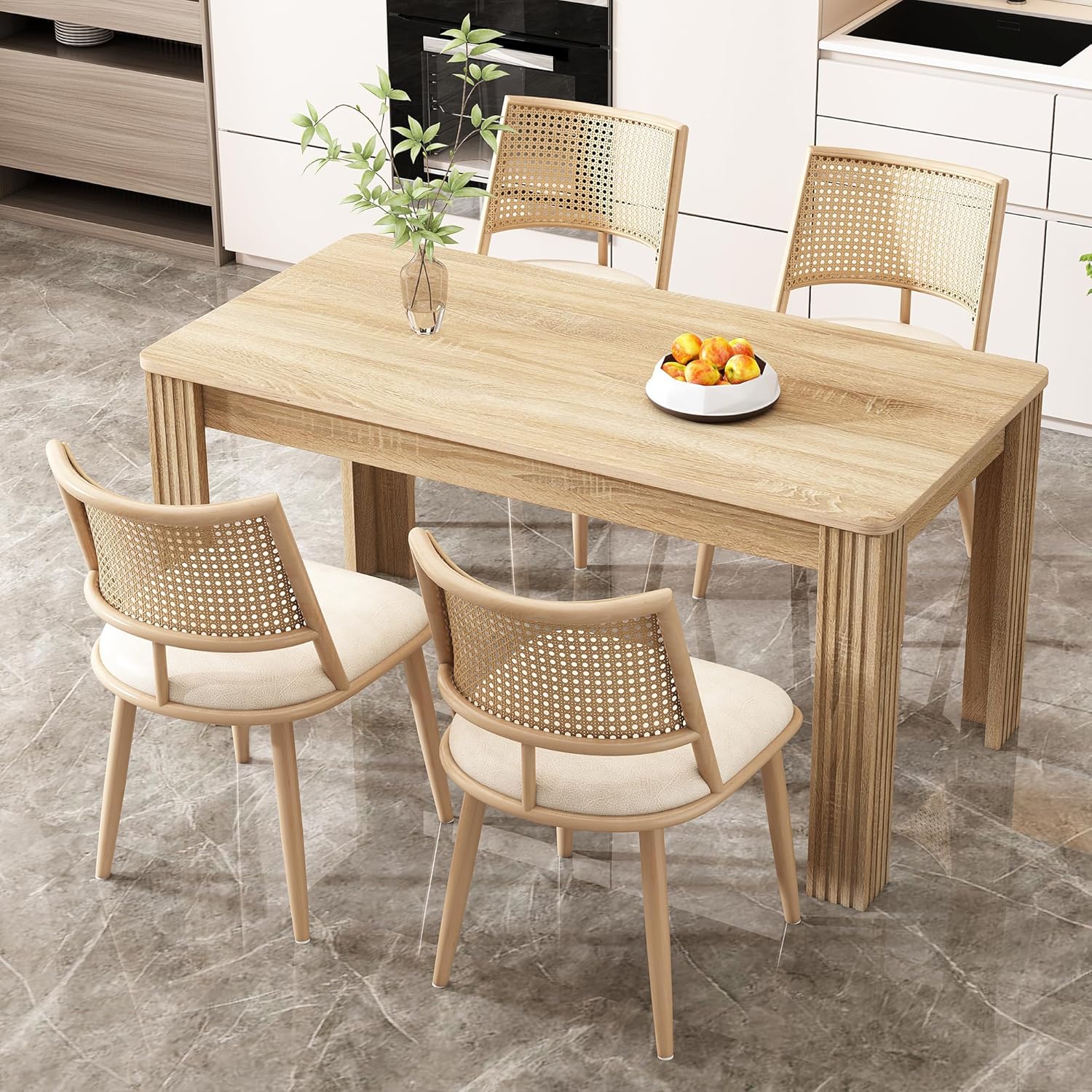 Merax Set of 4 Dining Chairs Kitchen Chairs with PU Seat and Rattan Backrest, Upholstered Chair for Dining Room, Living Room and Bedroom, Metal Frame, Beige