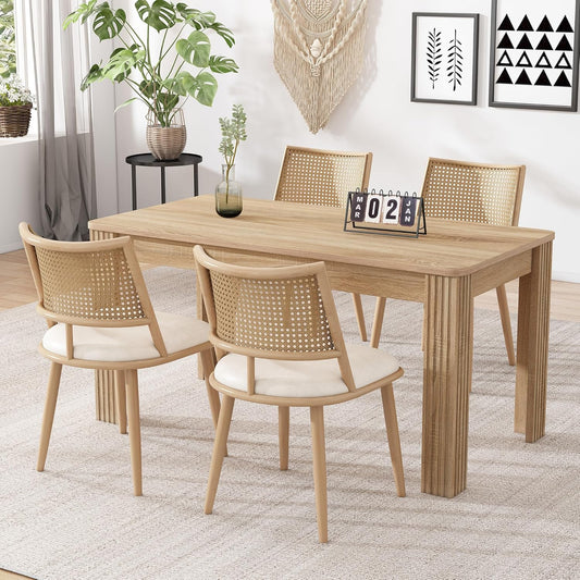 Merax Set of 4 Dining Chairs Kitchen Chairs with PU Seat and Rattan Backrest, Upholstered Chair for Dining Room, Living Room and Bedroom, Metal Frame, Beige