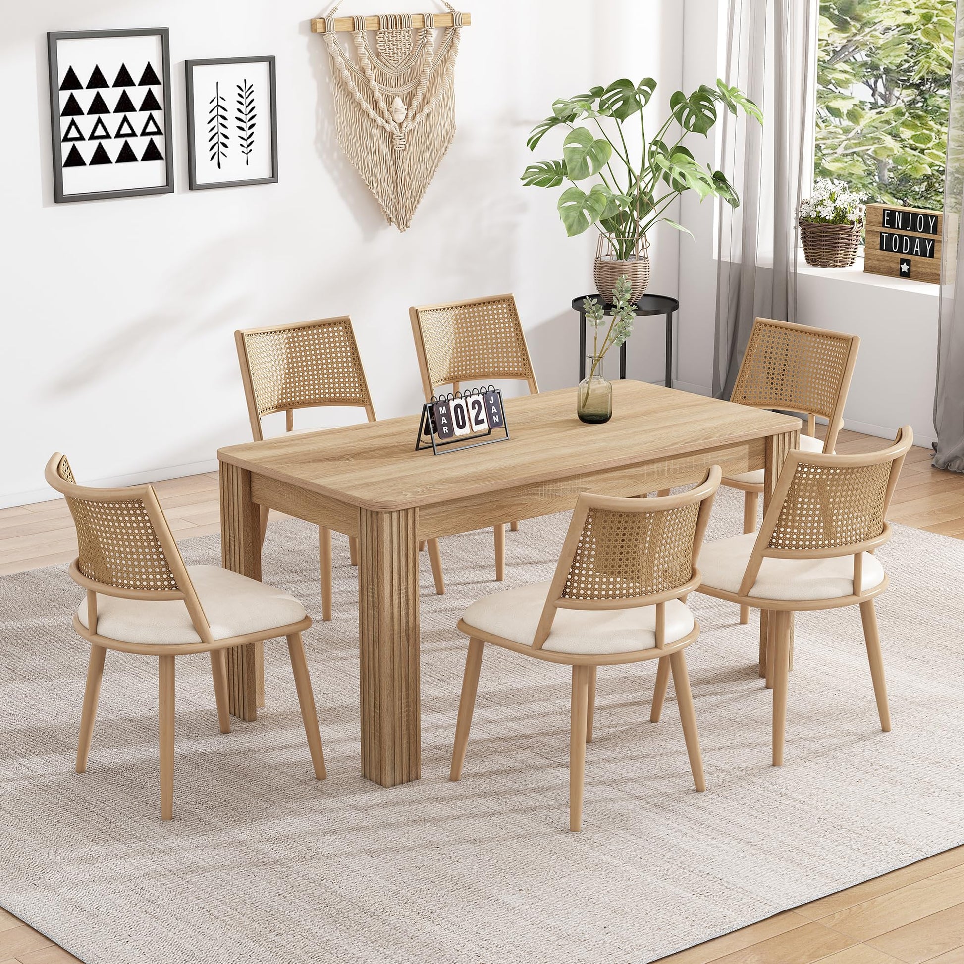 Merax Set of 4 Dining Chairs Kitchen Chairs with PU Seat and Rattan Backrest, Upholstered Chair for Dining Room, Living Room and Bedroom, Metal Frame, Beige